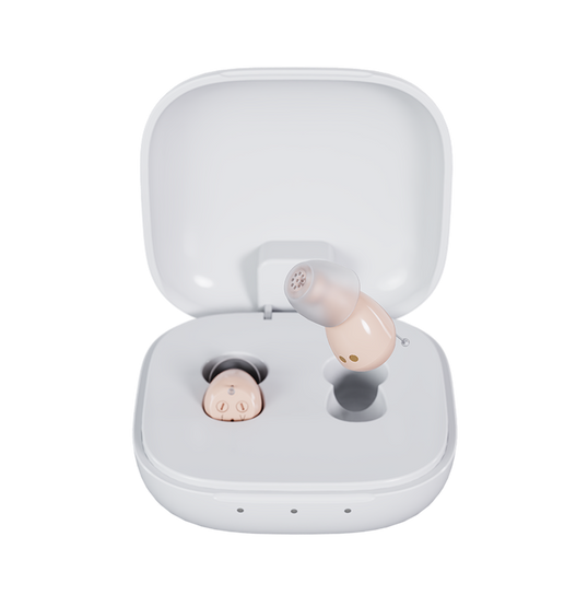 Audien Hearing Atom One hearing aids in open square charging case with one device elevated

