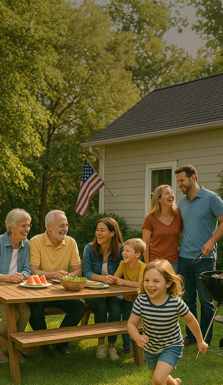 Multi-generational family enjoying a summer barbecue in the backyard with an American flag in the background