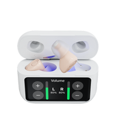 Atom X - White earbud case with wireless earbuds inside on a white background