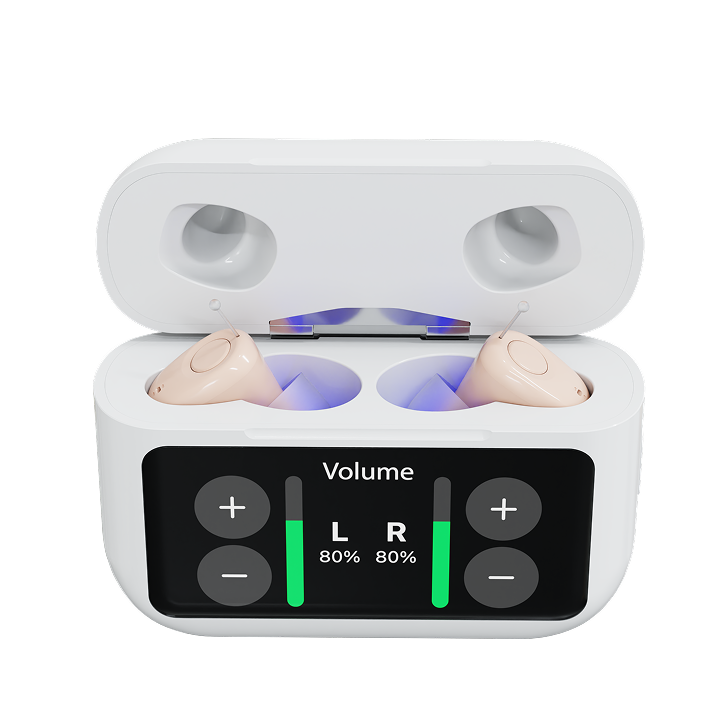 White earbud case with digital display and controls on a white background