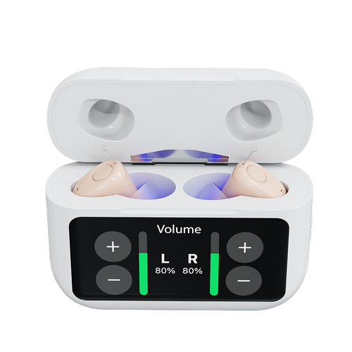 White earbud case with digital display and controls on a white background